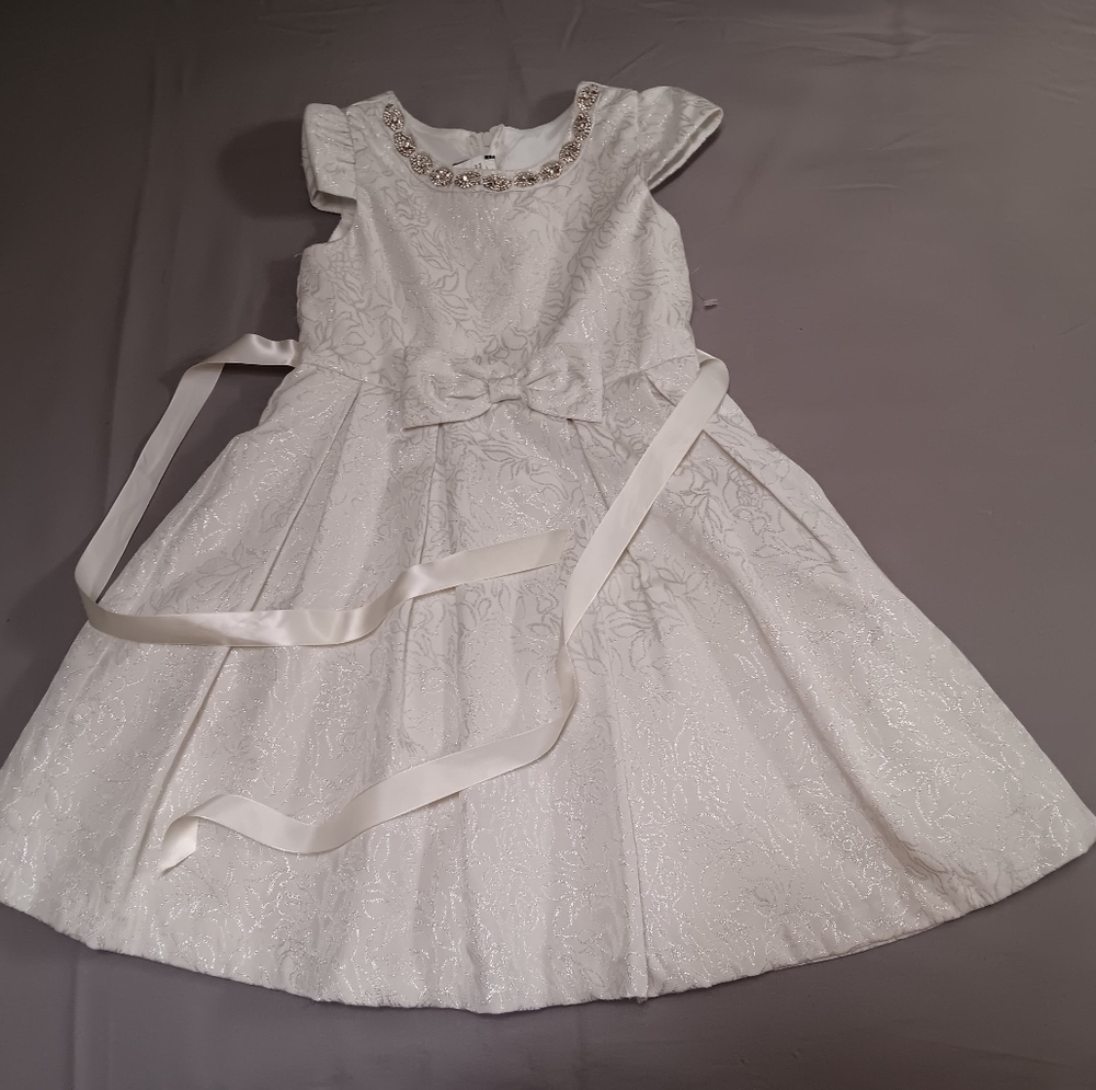 Rare Editions White Kids Dress with Bow and Embellished Neckline